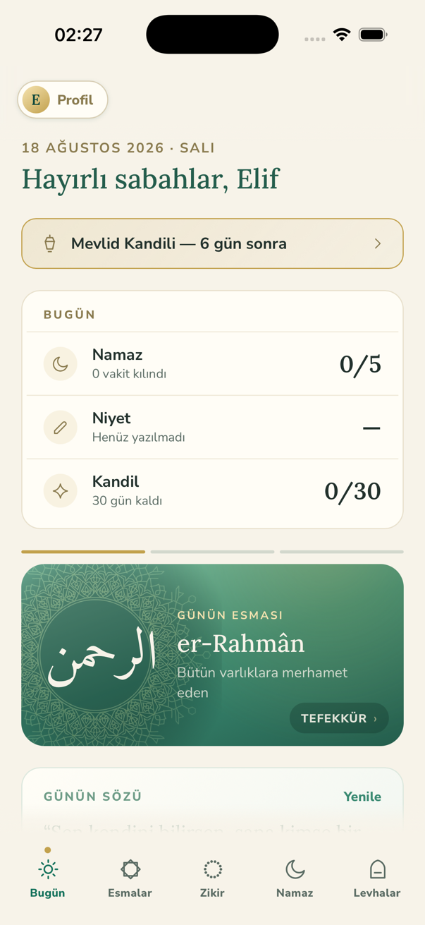 Günün esması, niyet ve kandil hatırlatması