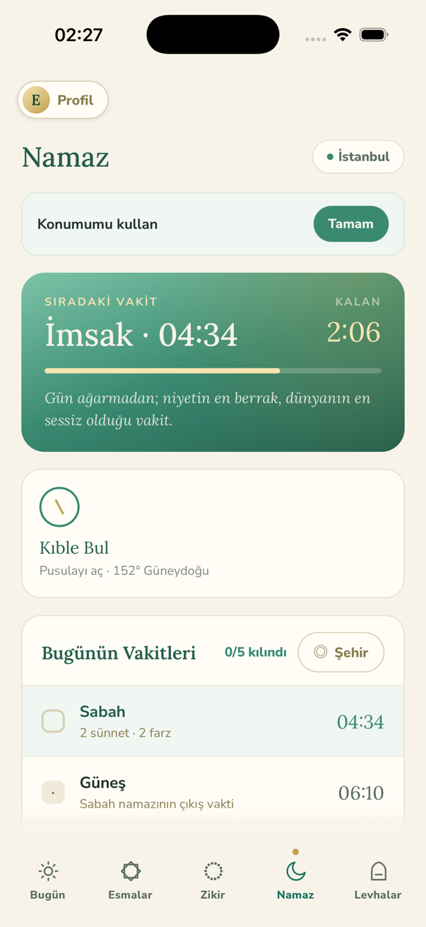 Vakitler, kalan süre ve kıble